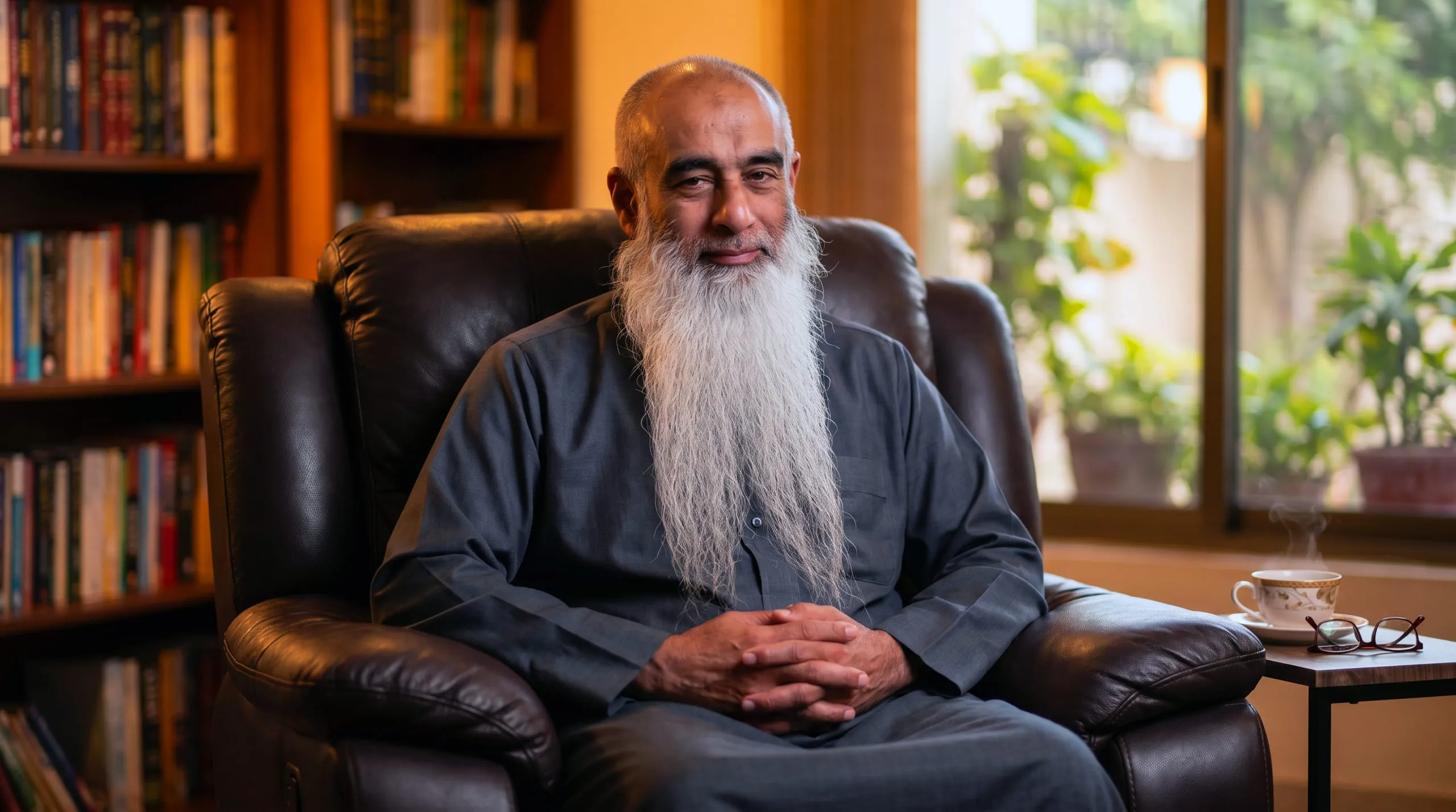 Nayyer Abdul Rab reading in his library