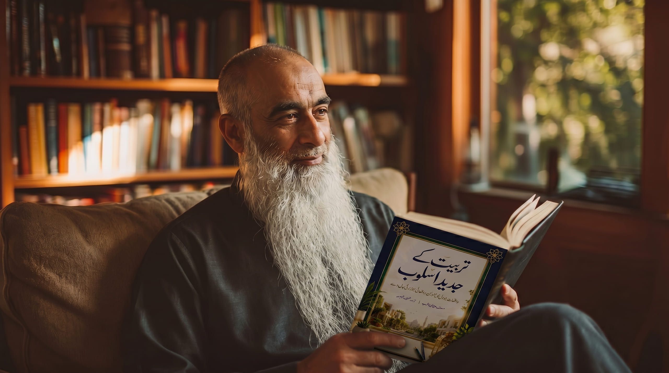 Nayyer Abdul Rab reading in his library, warm evening light
